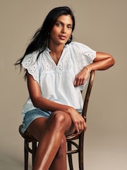 Laura Ashley Blue Seersucker Broderie 100% Cotton Blouse - Image 4 of 9