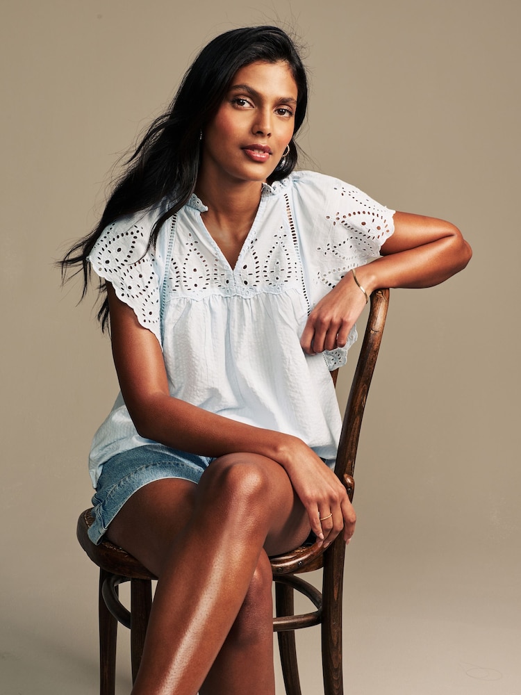 Laura Ashley Blue Seersucker Broderie 100% Cotton Blouse - Image 4 of 9