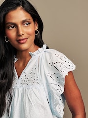 Laura Ashley Blue Seersucker Broderie 100% Cotton Blouse - Image 5 of 9