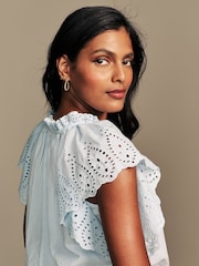 Laura Ashley Blue Seersucker Broderie 100% Cotton Blouse - Image 6 of 9