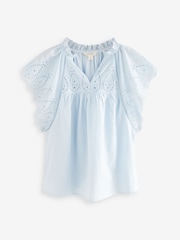 Laura Ashley Blue Seersucker Broderie 100% Cotton Blouse - Image 7 of 9