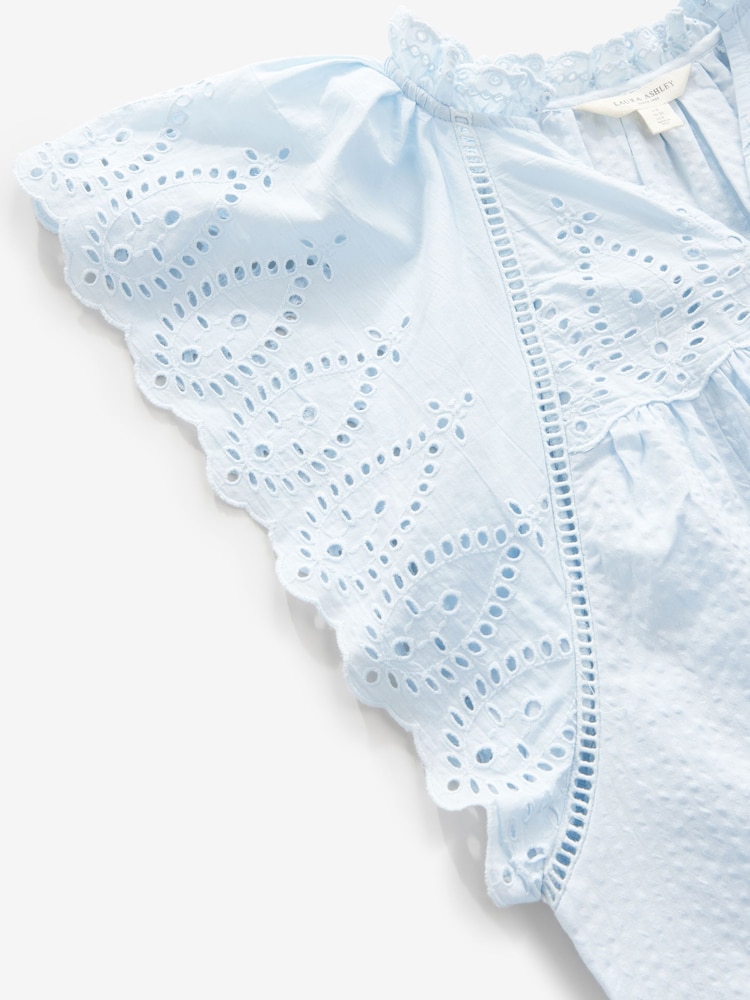 Laura Ashley Blue Seersucker Broderie 100% Cotton Blouse - Image 9 of 9