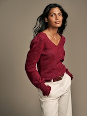 Laura Ashley Burgundy Red Pointelle V-Neck Jumper - Image 1 of 8