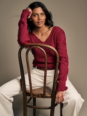 Laura Ashley Burgundy Red Pointelle V-Neck Jumper - Image 3 of 8