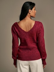 Laura Ashley Burgundy Red Pointelle V-Neck Jumper - Image 4 of 8