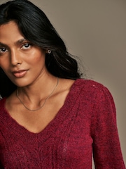 Laura Ashley Burgundy Red Pointelle V-Neck Jumper - Image 5 of 8