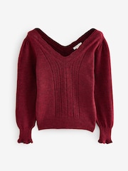 Laura Ashley Burgundy Red Pointelle V-Neck Jumper - Image 6 of 8