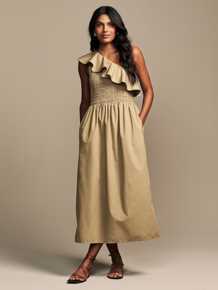 Laura Ashley Khaki Green One Shoulder Ruffle 100% Cotton Dress - Image 1 of 6