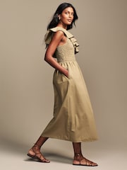 Laura Ashley Khaki Green One Shoulder Ruffle 100% Cotton Dress - Image 2 of 6