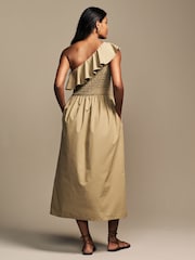 Laura Ashley Khaki Green One Shoulder Ruffle 100% Cotton Dress - Image 3 of 6