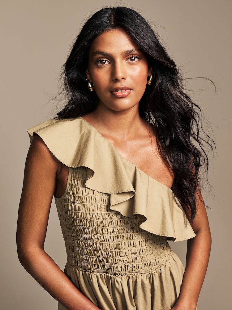 Buy Laura Ashley Khaki Green One Shoulder Ruffle 100% Cotton Dress from the  Next UK online shop