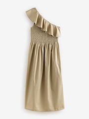 Laura Ashley Khaki Green One Shoulder Ruffle 100% Cotton Dress - Image 5 of 6