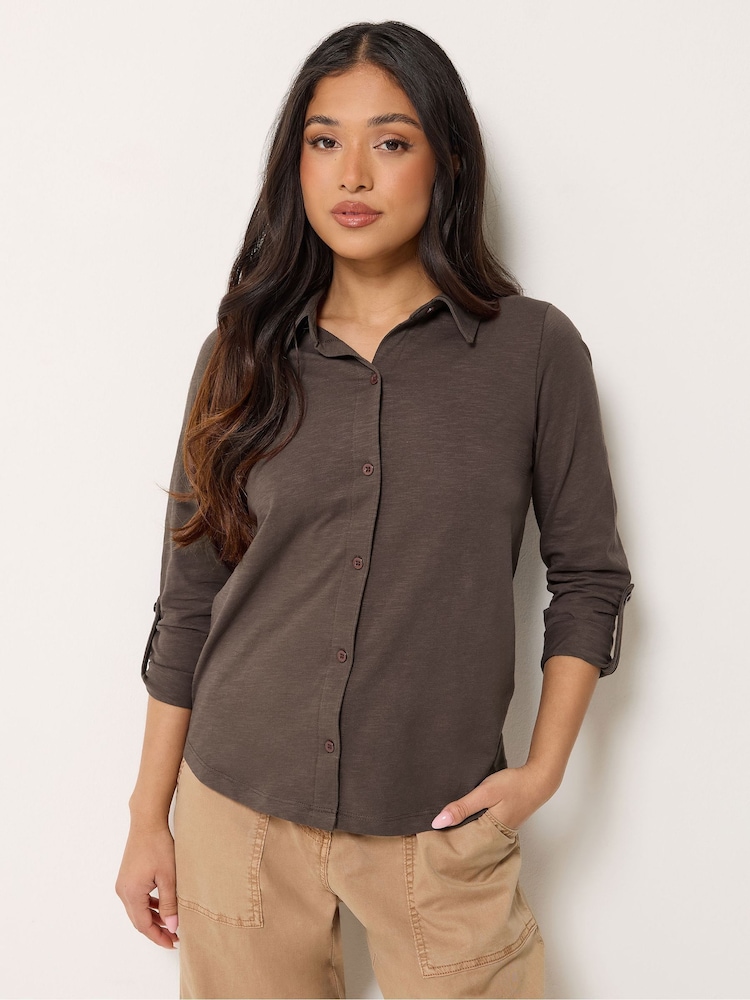 PixieGirl Petite Brown Button Cotton Shirt - Image 1 of 6 PixieGirl Petite Brown Button Cotton Shirt - Image 1 of 6