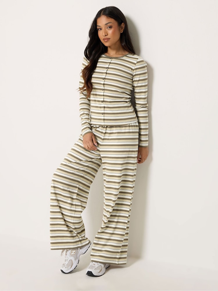 PixieGirl Petite Brown Stripe Cotton Button Top & Wide Leg Trousers Set - Image 1 of 6