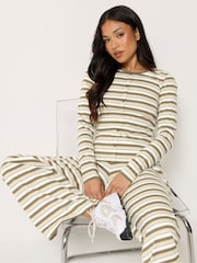 PixieGirl Petite Brown Stripe Cotton Button Top & Wide Leg Trousers Set - Image 2 of 6