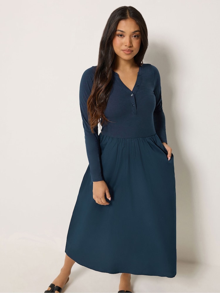 PixieGirl Petite Blue Henley Cotton Midi Dress - Image 1 of 6