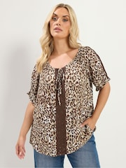 Yours Curve Brown Leopard Crochet Tie Front Top - Image 1 of 6