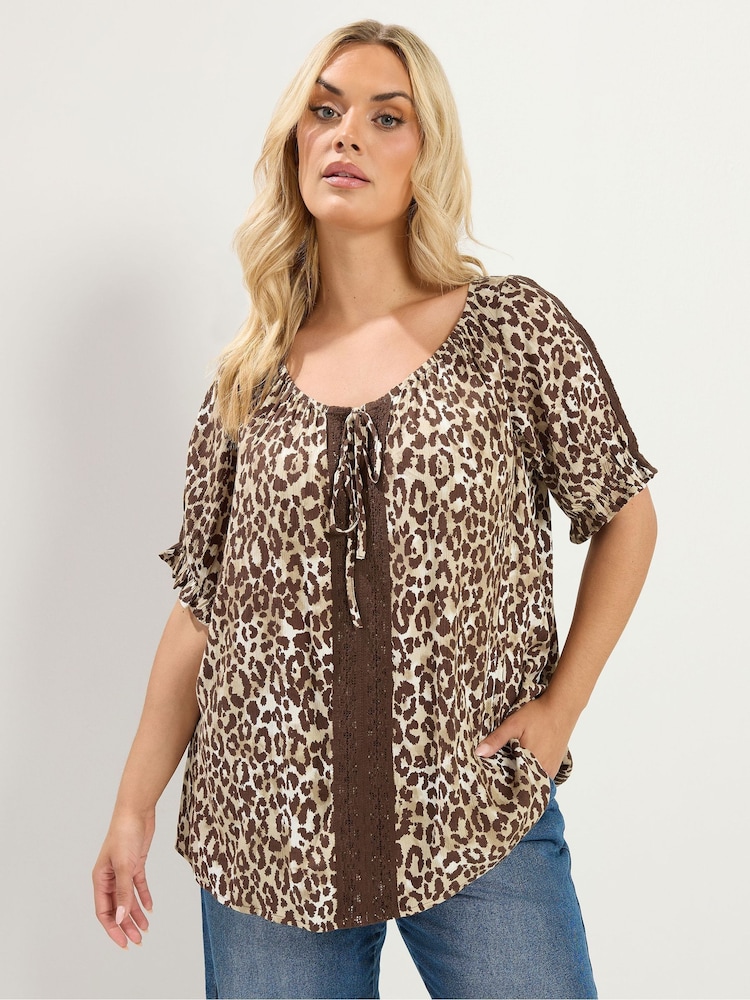 Yours Curve Brown Leopard Crochet Tie Front Top - Image 1 of 6 Yours Curve Brown Leopard Crochet Tie Front Top - Image 1 of 6