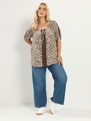 Yours Curve Brown Leopard Crochet Tie Front Top - Image 4 of 6