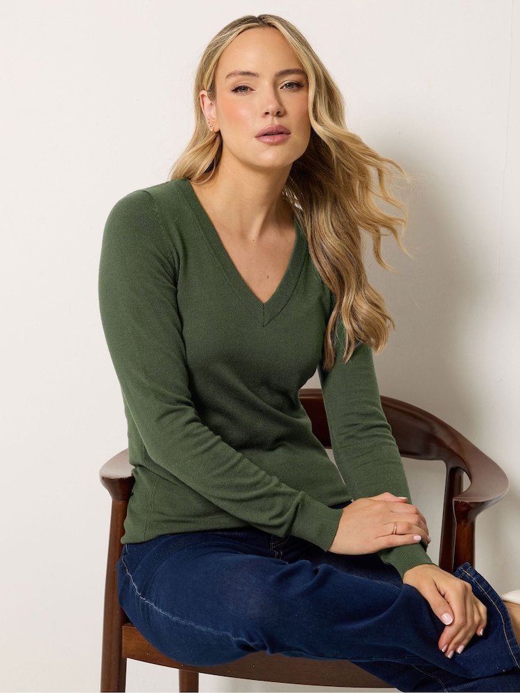 Long Tall Sally Green Knitted V-Neck Jumper - Image 1 of 5 Long Tall Sally Green Knitted V-Neck Jumper - Image 1 of 5