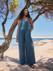 Blue Double Cloth 100% Cotton Jumpsuit - Image 1 of 6