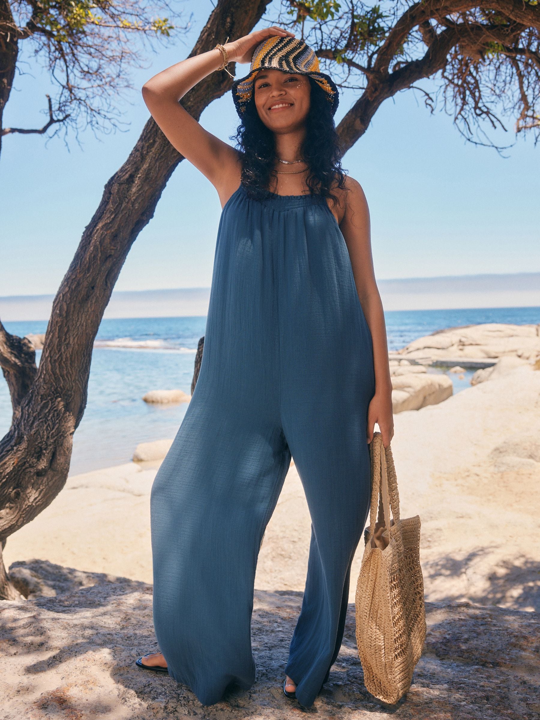 Buy Blue Double Cloth 100% Cotton Jumpsuit from Next USA