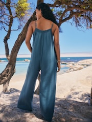 Blue Double Cloth 100% Cotton Jumpsuit - Image 4 of 6