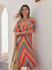 Multi Bright Puff Sleeve Off Shoulder Midi Dress - Image 1 of 9