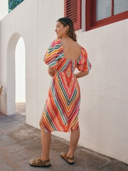 Multi Bright Puff Sleeve Off Shoulder Midi Dress - Image 4 of 9