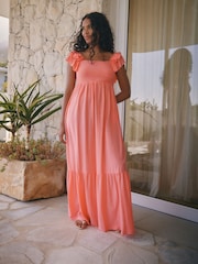 Pink Ruffle Sleeve 100% Cotton Midi Dress - Image 1 of 7