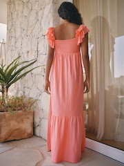 Pink Ruffle Sleeve 100% Cotton Midi Dress - Image 2 of 7