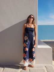Coral/Blue Shirred Bandeau Jumpsuit - Image 1 of 8