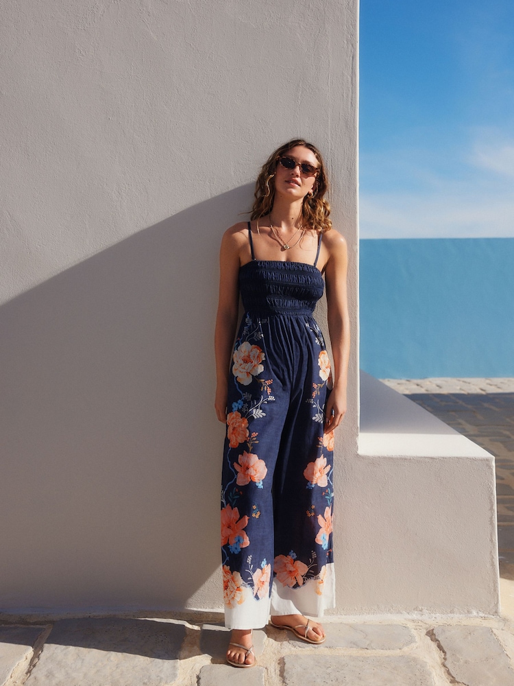 Coral/Blue Shirred Bandeau Jumpsuit - Image 1 of 8