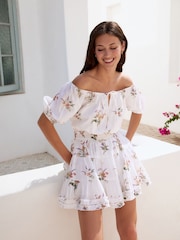 White Ground Textured Off Shoulder 100% Cotton Mini Skort - Image 1 of 9