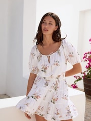 White Ground Textured Off Shoulder 100% Cotton Mini Skort - Image 4 of 9