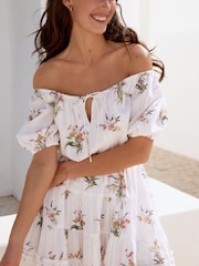 White Ground Textured Off Shoulder 100% Cotton Mini Skort - Image 5 of 9