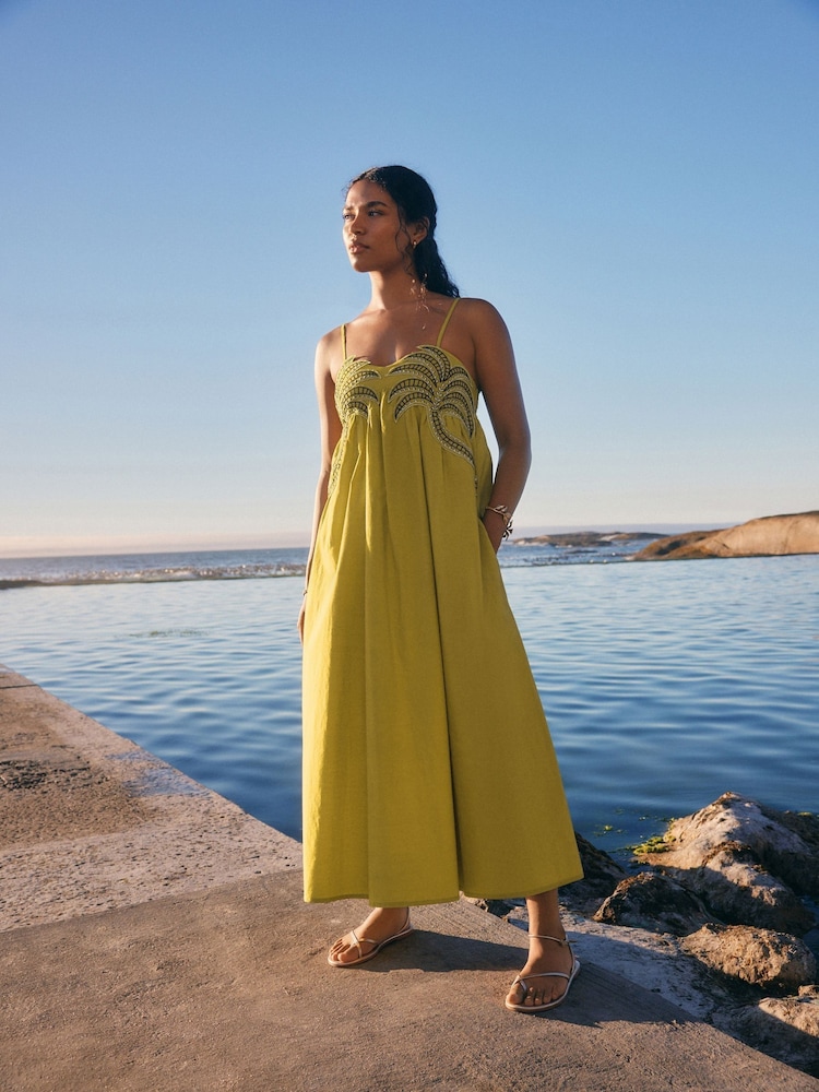 Lime Green Embroidered Palm 100% Cotton Midi Dress - Image 1 of 8