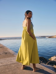 Lime Green Embroidered Palm 100% Cotton Midi Dress - Image 3 of 8