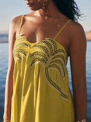 Lime Green Embroidered Palm 100% Cotton Midi Dress - Image 4 of 8