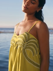 Lime Green Embroidered Palm 100% Cotton Midi Dress - Image 5 of 8