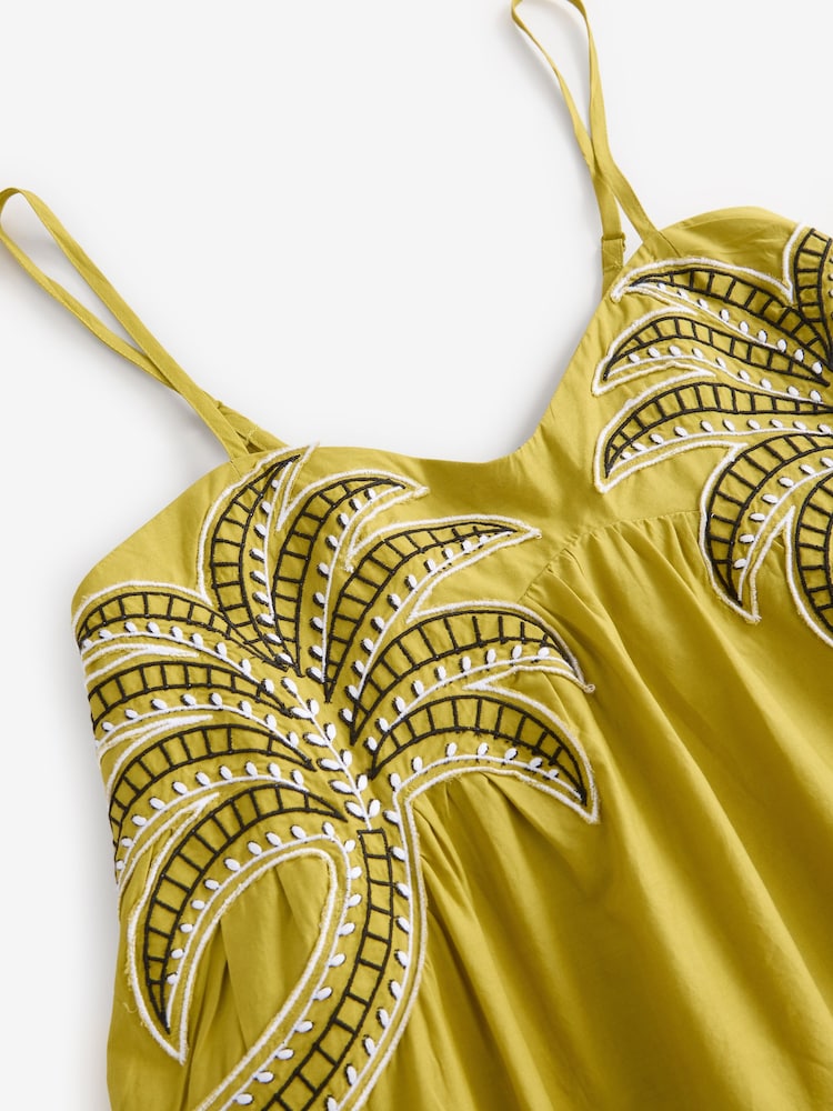 Lime Green Embroidered Palm 100% Cotton Midi Dress - Image 8 of 8