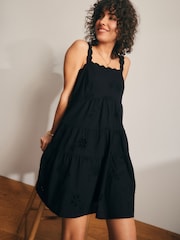 Black Embroidered Tiered 100% Cotton Mini Dress - Image 3 of 8