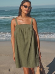Khaki Green Mini Summer 100% Cotton Dress - Image 1 of 6