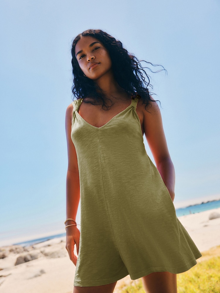 Khaki Green 100% Cotton Jersey Playsuit - Image 1 of 7