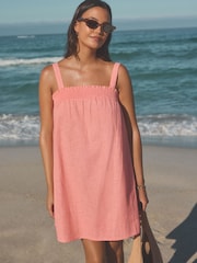 Coral Pink Mini Summer 100% Cotton Dress - Image 3 of 7
