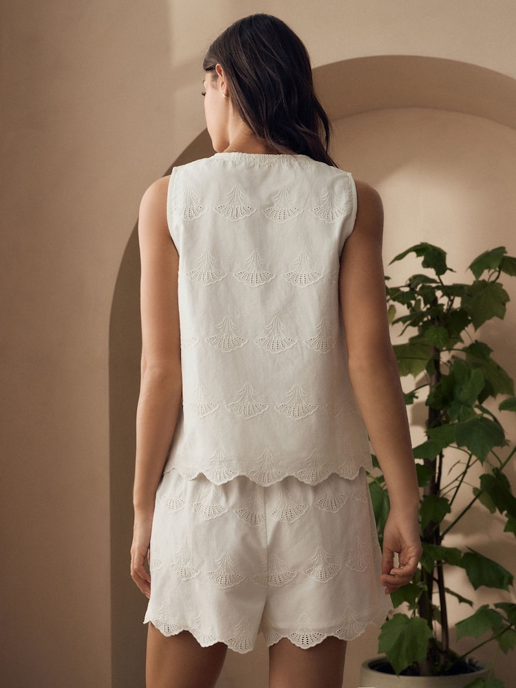White Shells Broderie 100% Cotton Tie Short Set Pyjamas - Image 3 of 7