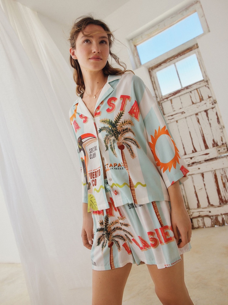 Blue Stripe Toucan - Conjunto de pijama corto abotonado - Imagen 1 de 8