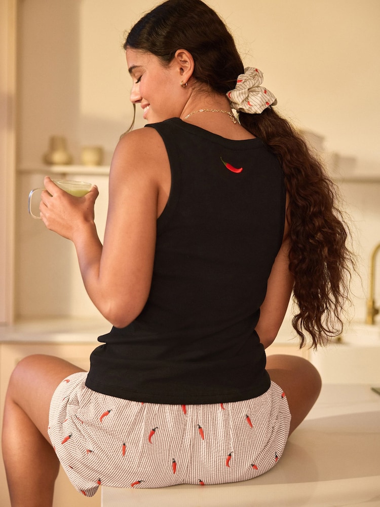 Black Chillies Rib Vest Woven Short Set Pyjamas - Image 2 of 5
