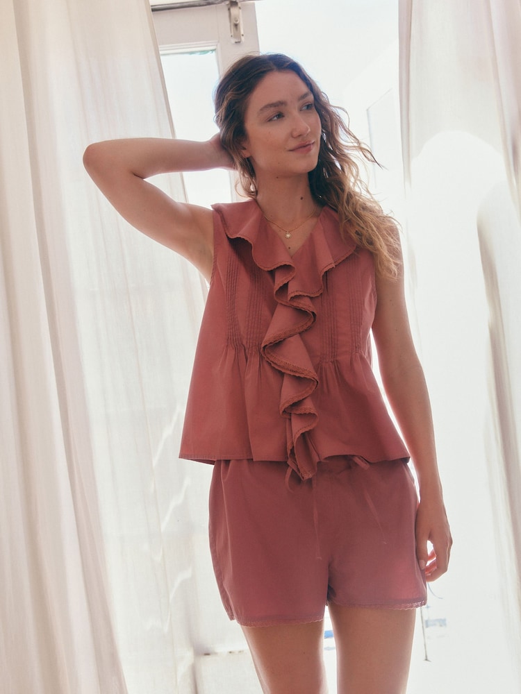 Pink 100% Cotton Ruffle Vest Short Set Pyjamas - Image 2 of 7 Pink 100% Cotton Ruffle Vest Short Set Pyjamas - Image 2 of 7