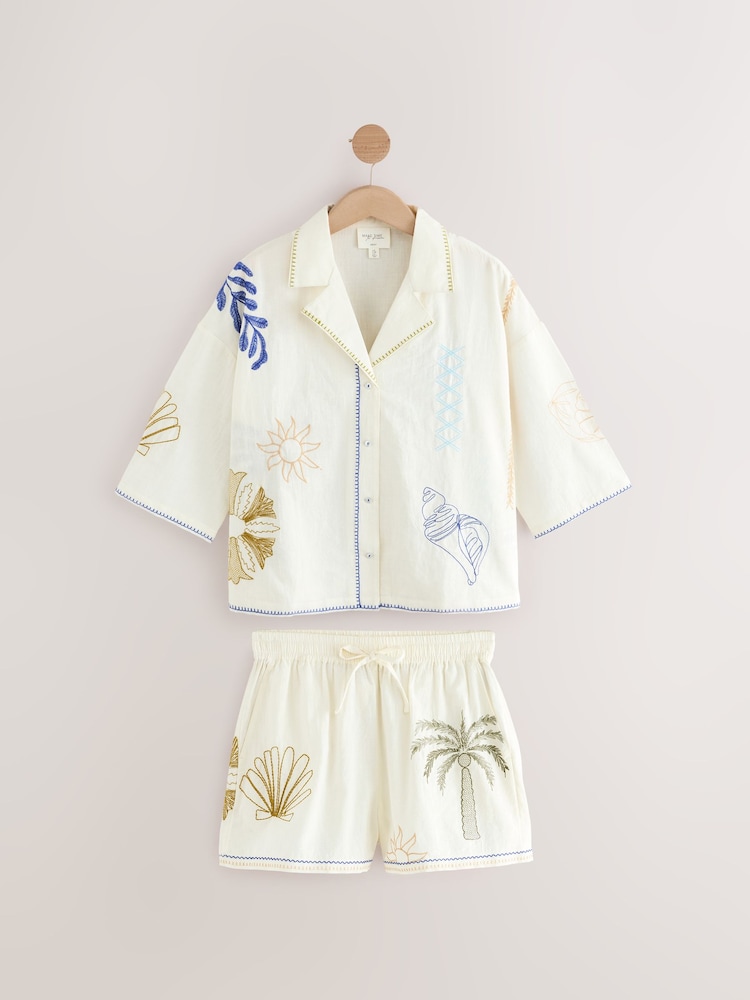 White 100% Cotton Embroidered Button Through Short Set Pyjamas - Image 9 of 13